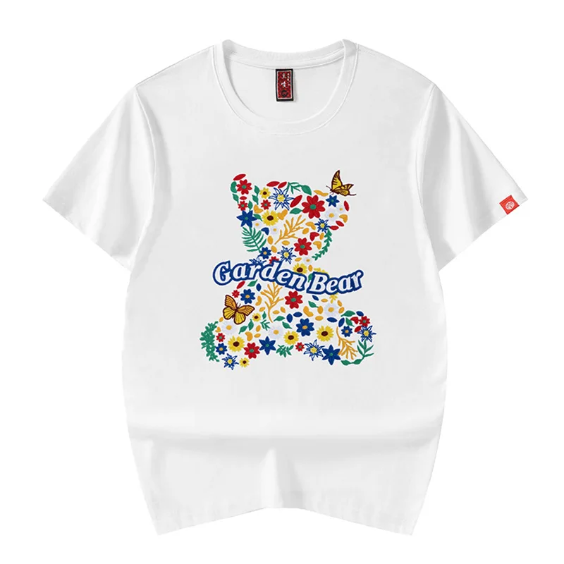 Lyprerazy Летняя хлопковая футболка в корейском стиле с вышивкой в виде плюшевого мишки, свободная мужская футболка с короткими рукавами Изображение 2