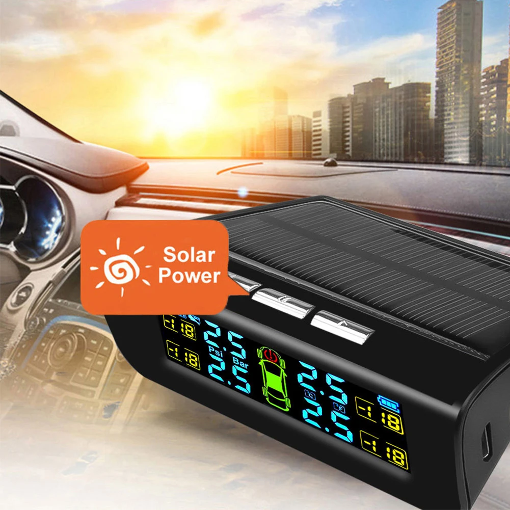 Система мониторинга датчика давления в шинах Внешний датчик ЖК-дисплей Солнечная система Встроенный TPMS + 4 автомобиля Прочный Изображение 4