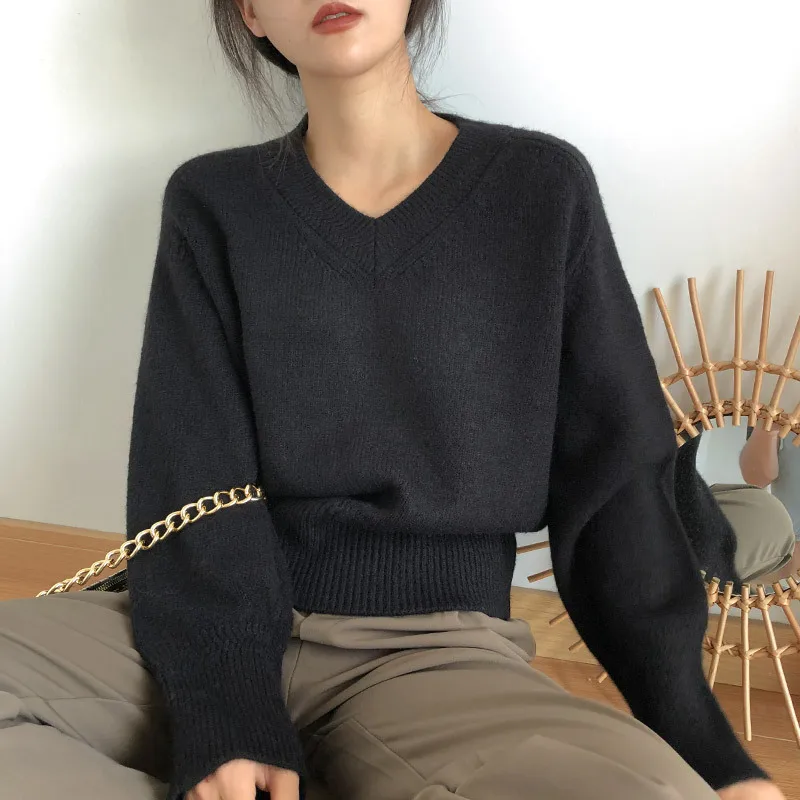 сексуальный укороченный свитер с v-образным вырезом, корейские свободные пуловеры сладкой вязки, женский вязаный свитер с напуском, женские топы Изображение 1