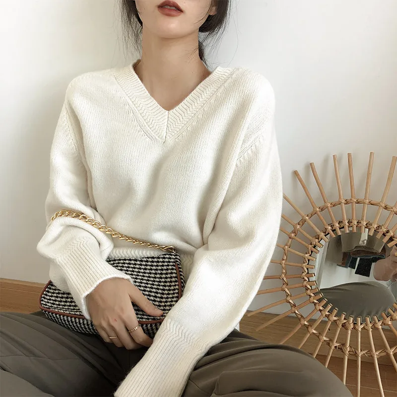 сексуальный укороченный свитер с v-образным вырезом, корейские свободные пуловеры сладкой вязки, женский вязаный свитер с напуском, женские топы Изображение 2
