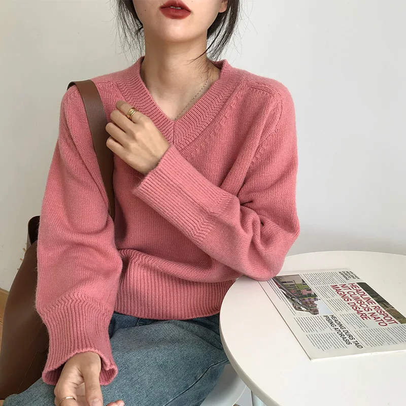 сексуальный укороченный свитер с v-образным вырезом, корейские свободные пуловеры сладкой вязки, женский вязаный свитер с напуском, женские топы Изображение 3