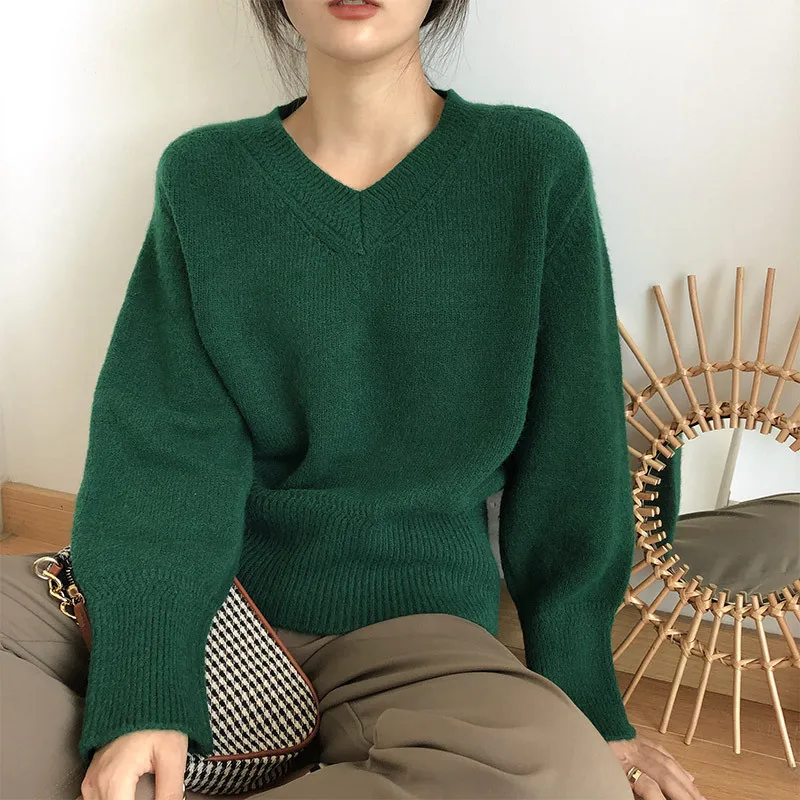 сексуальный укороченный свитер с v-образным вырезом, корейские свободные пуловеры сладкой вязки, женский вязаный свитер с напуском, женские топы Изображение 5