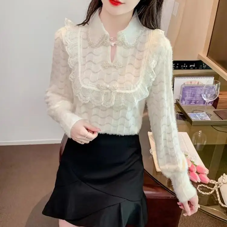 Женская одежда, однотонная блузка, Корейская мода в стиле пэчворк, кружевная рубашка с полувысоким воротником, весна-осень, приталенная рубашка для поездок на работу, Новинка T781 Изображение 1
