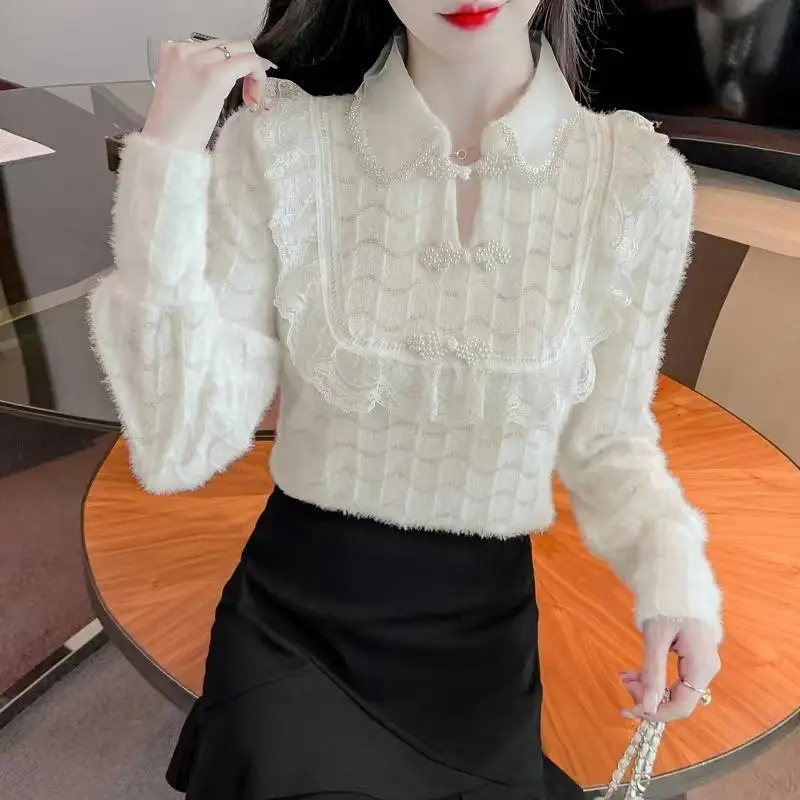 Женская одежда, однотонная блузка, Корейская мода в стиле пэчворк, кружевная рубашка с полувысоким воротником, весна-осень, приталенная рубашка для поездок на работу, Новинка T781 Изображение 3