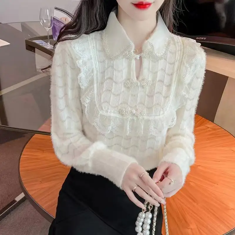Женская одежда, однотонная блузка, Корейская мода в стиле пэчворк, кружевная рубашка с полувысоким воротником, весна-осень, приталенная рубашка для поездок на работу, Новинка T781 Изображение 4