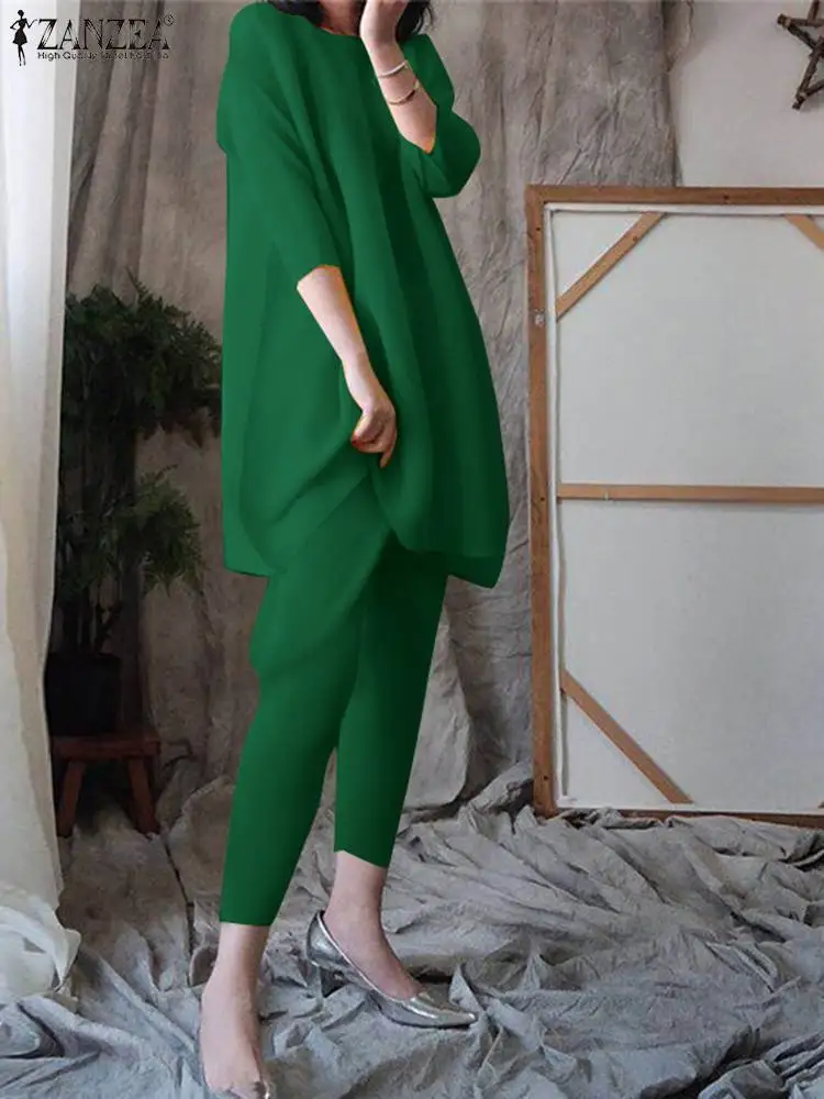ZANZEA/ Модный однотонный комплект из 2 предметов, женские брючные комплекты, праздничные топы с коротким рукавом, повседневные брючные костюмы со свободной резинкой на талии Изображение 1