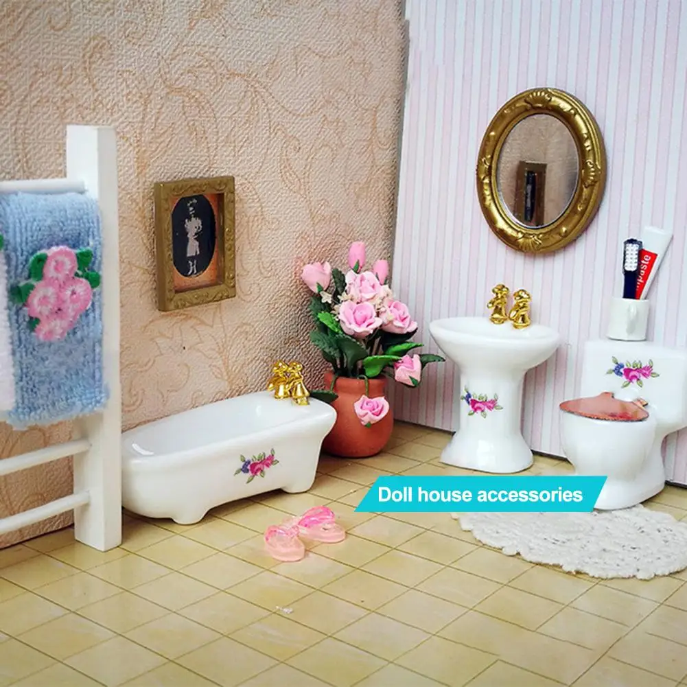 Миниатюрный кукольный домик, банные принадлежности, набор миниатюрных аксессуаров для кукольного домика, модели для унитаза и ванны с гладкой поверхностью для фото Изображение 4