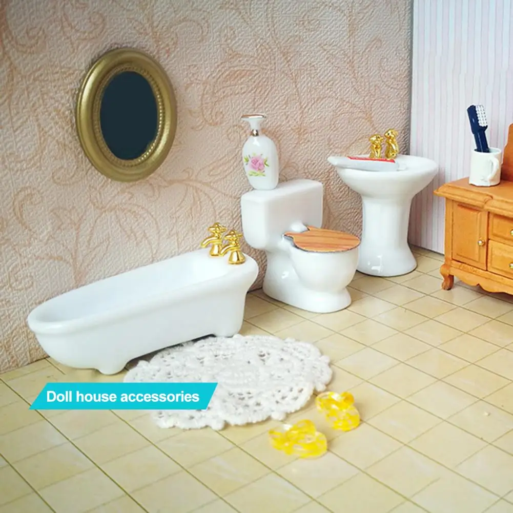 Миниатюрный кукольный домик, банные принадлежности, набор миниатюрных аксессуаров для кукольного домика, модели для унитаза и ванны с гладкой поверхностью для фото Изображение 5