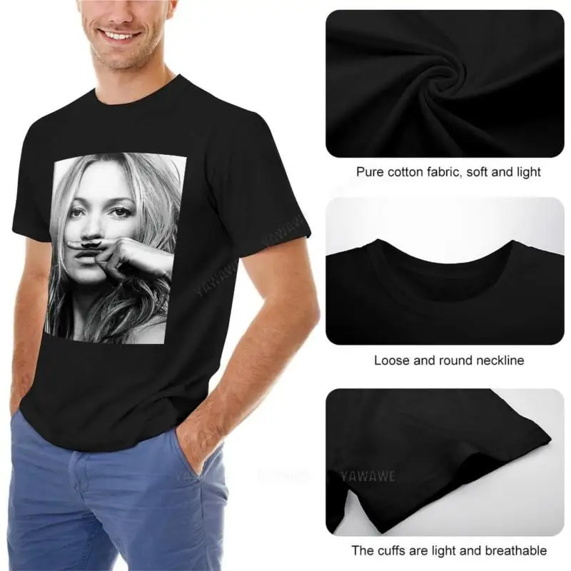 Кейт Мосс, Усы, черно-белая футболка с фотографией, топы больших размеров, футболки с графическими принтами, мужские однотонные футболки Изображение 1
