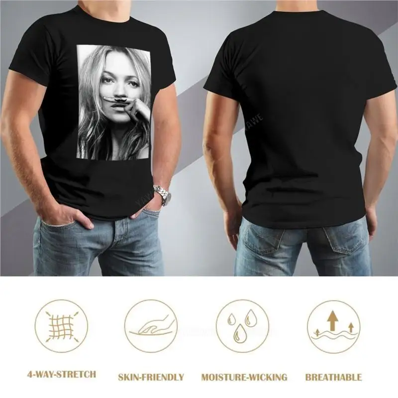 Кейт Мосс, Усы, черно-белая футболка с фотографией, топы больших размеров, футболки с графическими принтами, мужские однотонные футболки Изображение 2