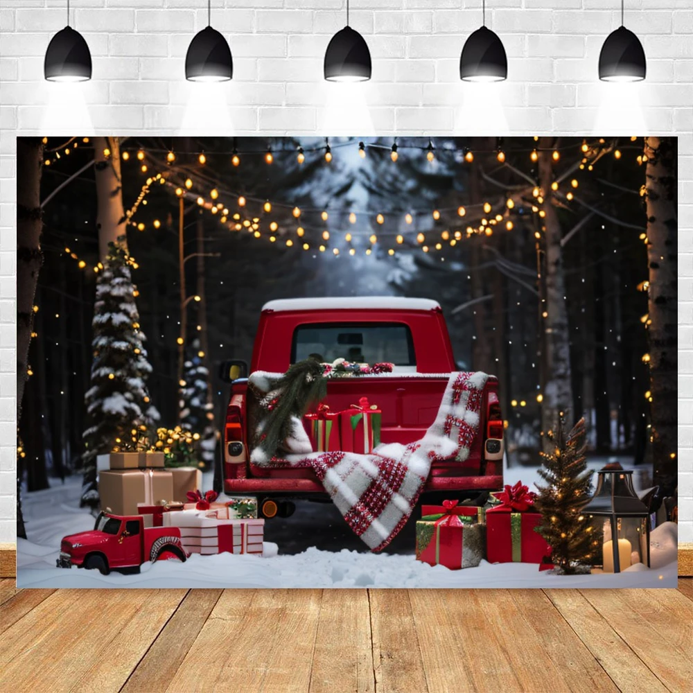 Рождественский фон для фотосъемки Красный автомобиль Подарки Снег Сосна Рождественская вечеринка Детский семейный портрет Фон для фотосессии Декор Баннер Изображение 1