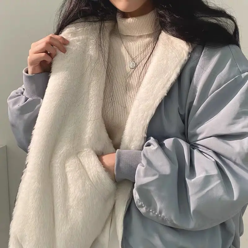 2023, Осенняя утепленная женская повседневная куртка с капюшоном, Зимние удобные двухслойные простые однотонные теплые милые пальто в корейском стиле Изображение 2