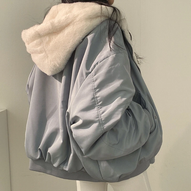 2023, Осенняя утепленная женская повседневная куртка с капюшоном, Зимние удобные двухслойные простые однотонные теплые милые пальто в корейском стиле Изображение 3