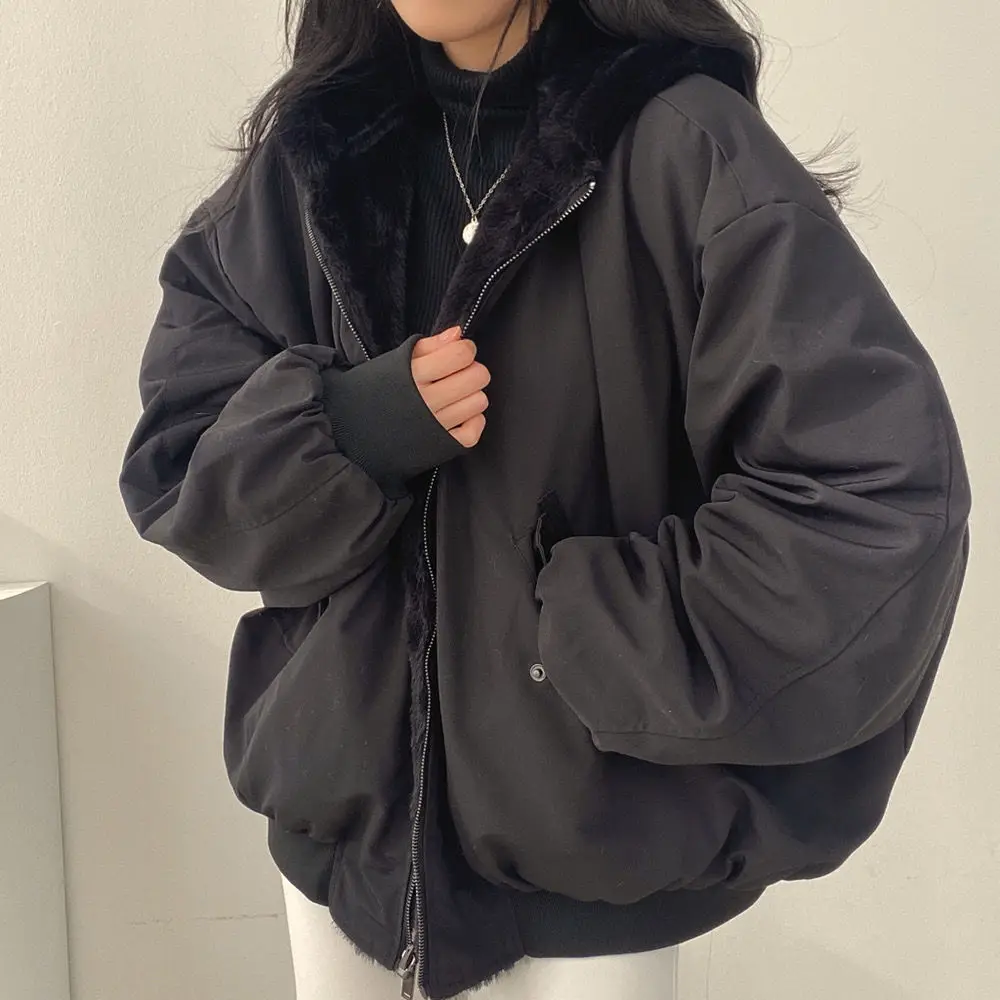 2023, Осенняя утепленная женская повседневная куртка с капюшоном, Зимние удобные двухслойные простые однотонные теплые милые пальто в корейском стиле Изображение 4