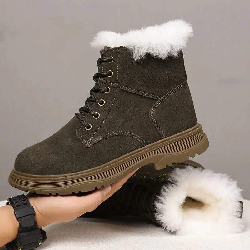 Модная мужская обувь из воловьей кожи, теплая шерстяная зимняя обувь, водонепроницаемые ботинки для пеших прогулок по снегу, противоскользящие рабочие ботильоны Изображение 0
