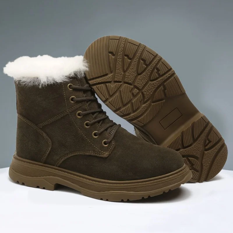 Модная мужская обувь из воловьей кожи, теплая шерстяная зимняя обувь, водонепроницаемые ботинки для пеших прогулок по снегу, противоскользящие рабочие ботильоны Изображение 1