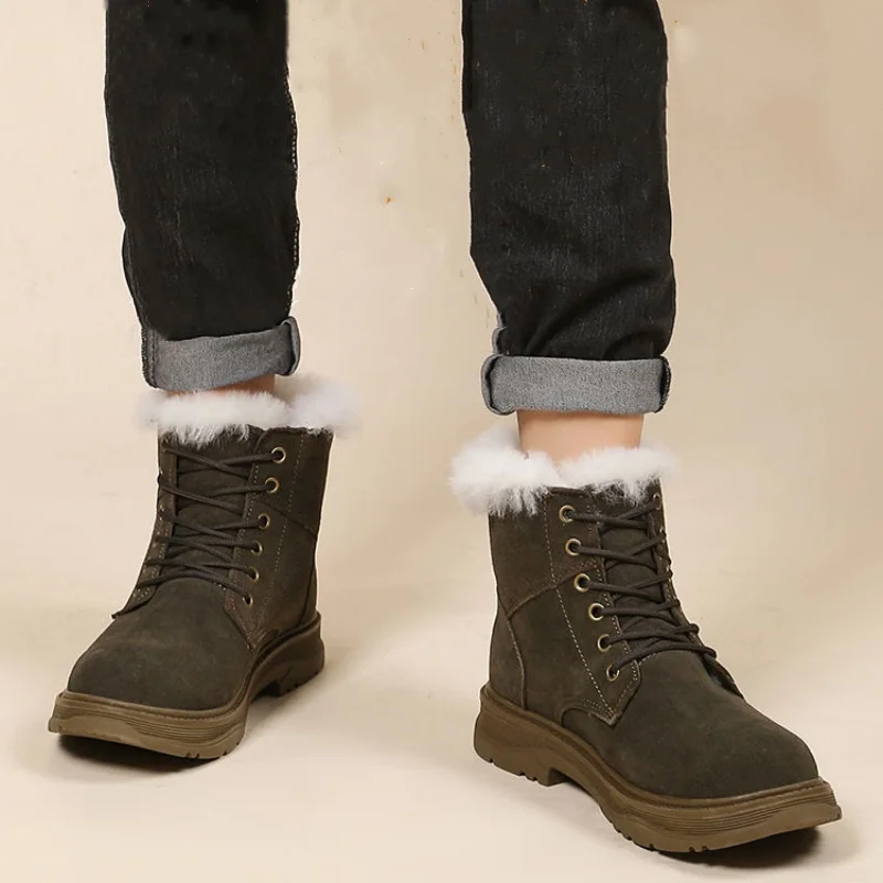 Модная мужская обувь из воловьей кожи, теплая шерстяная зимняя обувь, водонепроницаемые ботинки для пеших прогулок по снегу, противоскользящие рабочие ботильоны Изображение 4