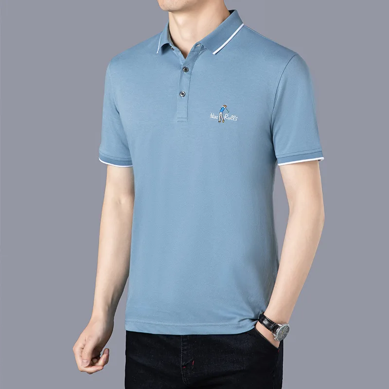 Летняя синяя мужская футболка с короткими рукавами Для молодых и средних лет, Рубашка с лацканами, Дышащая Шелковистая рубашка Поло с солнцезащитным кремом без железа Изображение 0