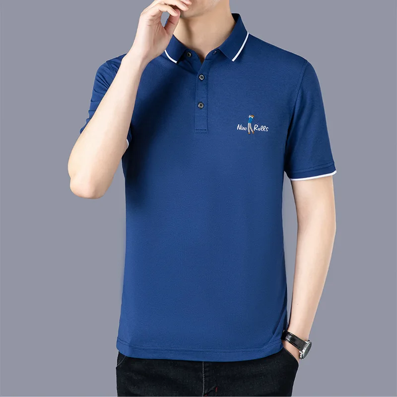 Летняя синяя мужская футболка с короткими рукавами Для молодых и средних лет, Рубашка с лацканами, Дышащая Шелковистая рубашка Поло с солнцезащитным кремом без железа Изображение 1