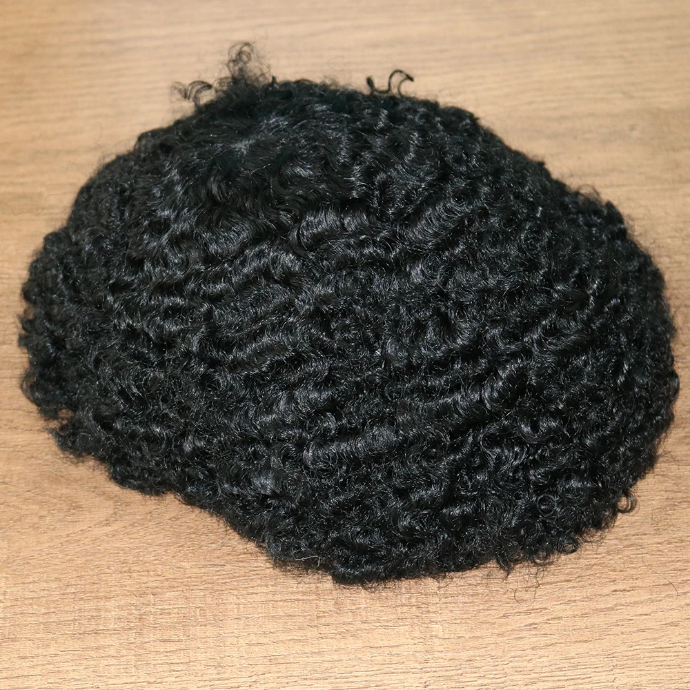 Тонкая Основа Кожи Афро Парик 10 ММ Man Weave Hair Unit Черный Мужской Кудрявый Парик из 100% Человеческих Волос Афроамериканский Парик для Мужчин Изображение 3