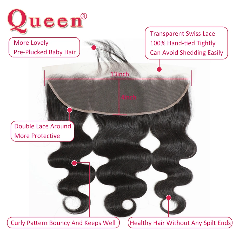 Queen Hair13x4 Кружевная Фронтальная застежка Объемная волна Человеческие волосы Прозрачное кружевное Фронтальное закрытие Только Бразильские волосы Remy Натуральные Человеческие волосы Изображение 3