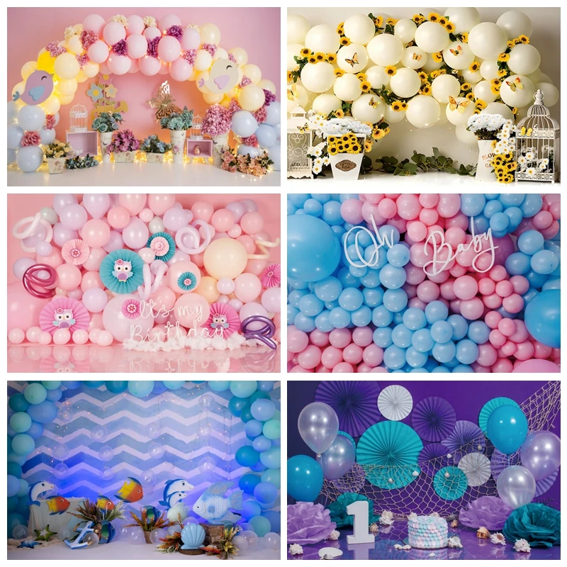 Фон для вечеринки по случаю Дня рождения ребенка, красочный воздушный шар, девочка, мальчик, торт, фон для фотосъемки, реквизит для фотостудии Изображение 0